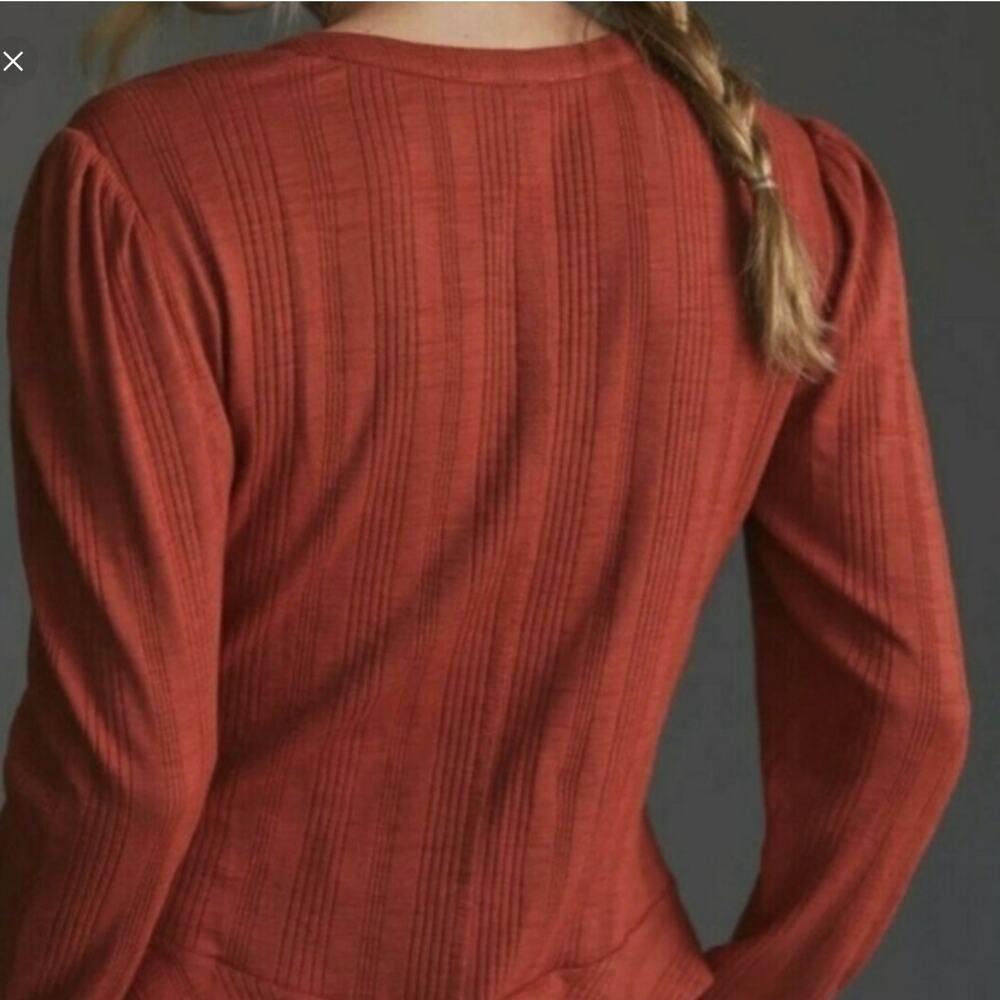 Pilcro Ribbed Puff Sleeved Red Cotton Blend Shirt Top Medium - Picture 3 of 11